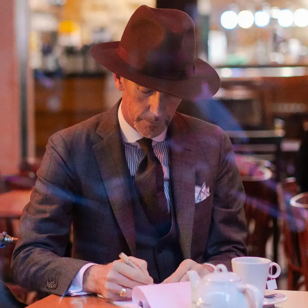 Elegant man skriver med en exklusiv penna